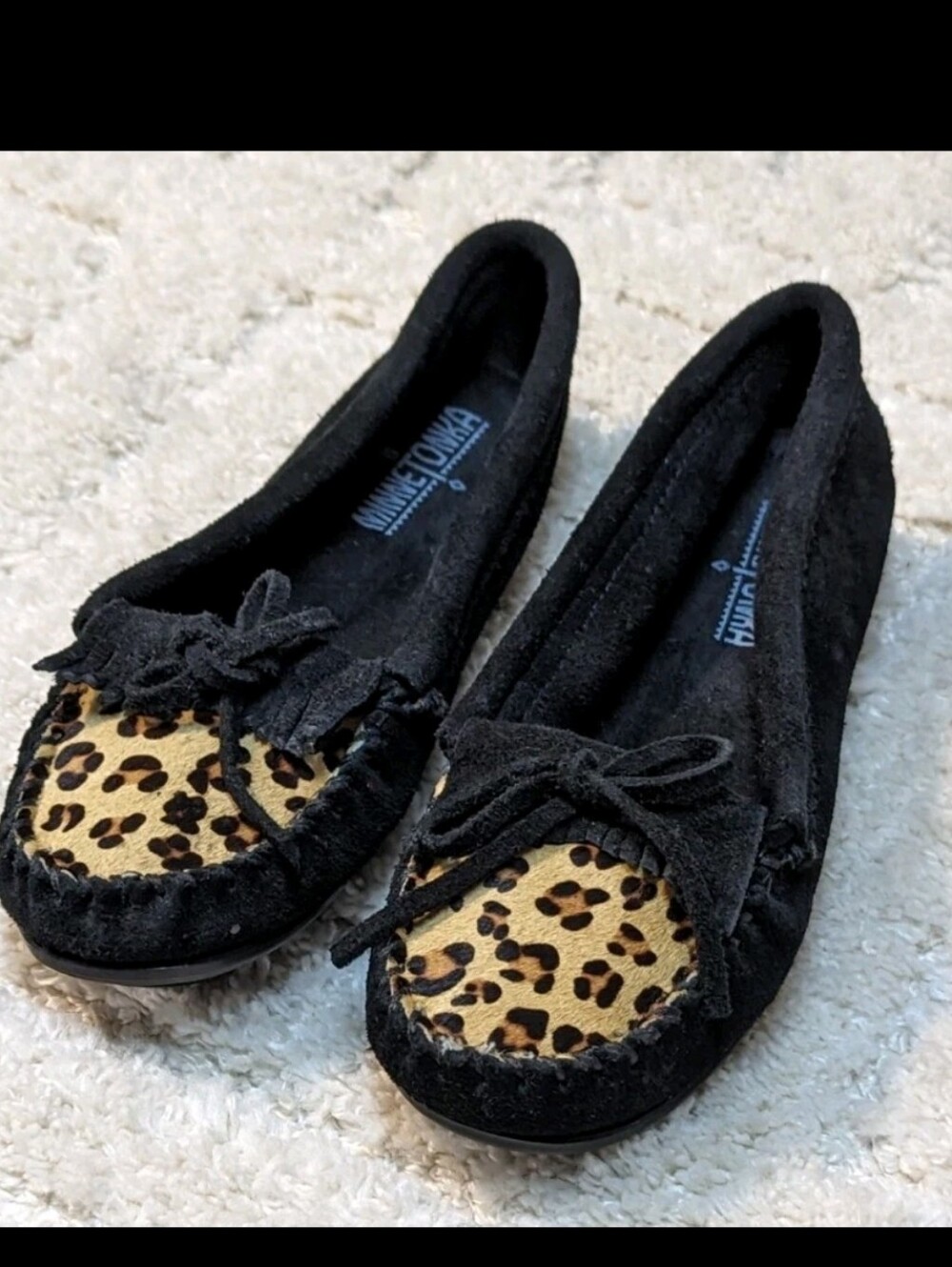 Minnetonka Black Suede Moccasin with Leopard Accent, SZ 7